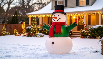Festive snowman in snowy yard