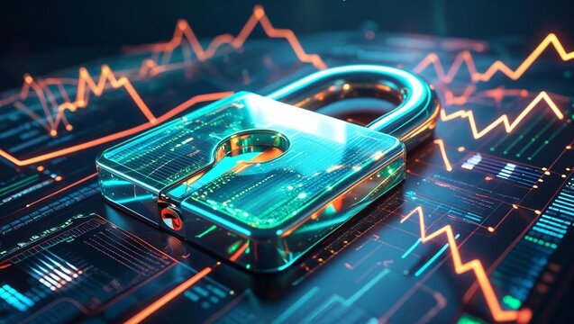 Futuristic cybersecurity concept with a glowing digital lock symbolizing data protection and financial security against digital threats.
