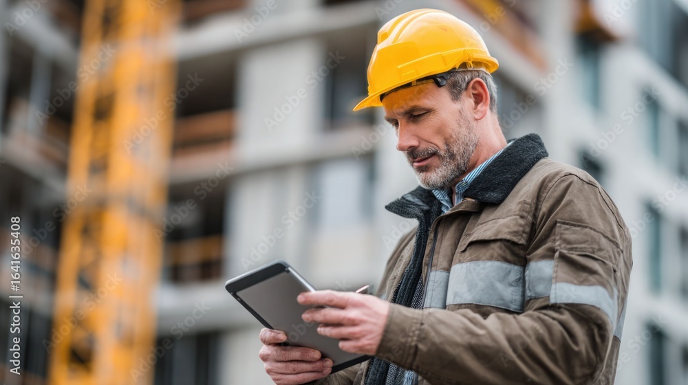 Poster civil engineer or architect with hardhat on construction site checking schedule on tablet computer