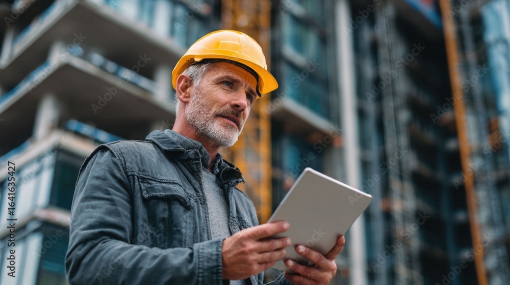 Poster civil engineer or architect with hardhat on construction site checking schedule on tablet computer