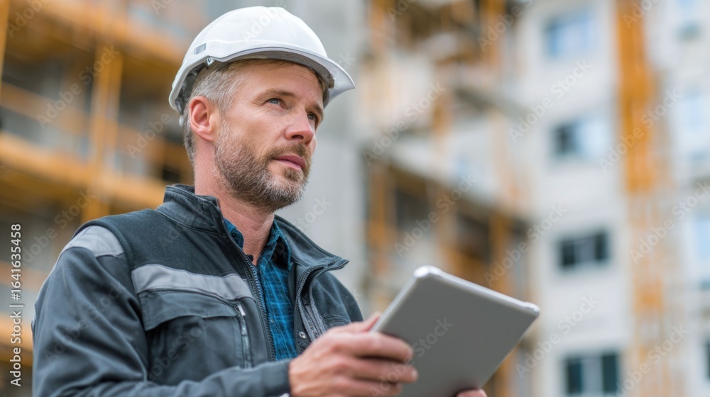 Aufkleber civil engineer or architect with hardhat on construction site checking schedule on tablet computer