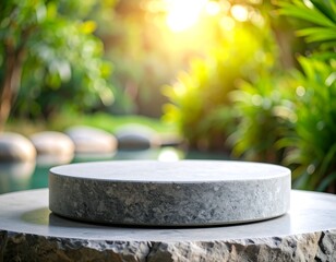 A circular stone platform sits on a larger stone surface, overlooking a blurred garden and pool