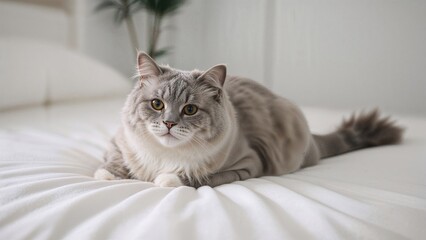 A light and dark colored cat displaying a comical look lying on bedding
