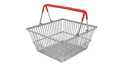 Empty metal shopping basket with red handle, isolated on transparent background