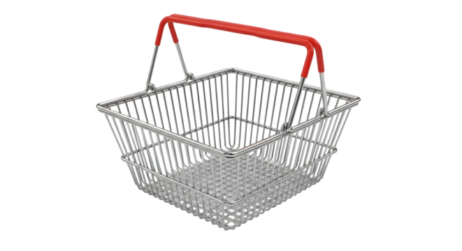 Empty metal shopping basket with red handle, isolated on transparent background