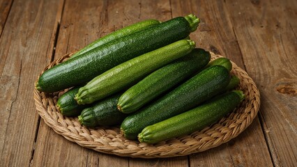 Raw zucchinis laid out on a braided mat with a wooden backdrop