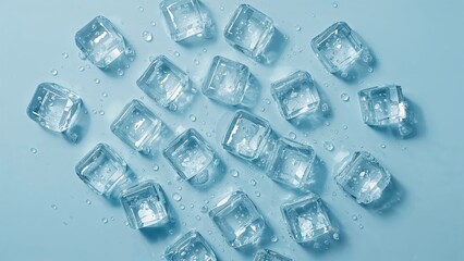 Overhead shot of ice cubes and scattered water droplets on a blue background