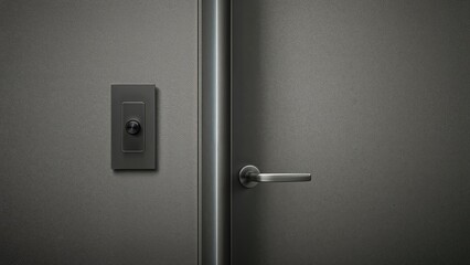 Switch for lights mounted on a gray wall with texture beside a door featuring a metal handle