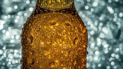 Close-up of beer bottle surface covered in water droplets, Abstract wet texture background