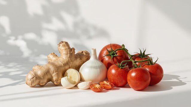 Natural cooking ingredients: ginger, garlic, onion, and tomato purees grouped together