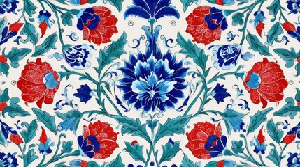 Ornate blue and red floral motifs adorning traditional turkish ottoman ceramic tile, reflecting intricate design mastery of historical decorative artistry