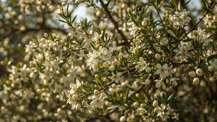Sweet olive flower bunches flourishing on branches