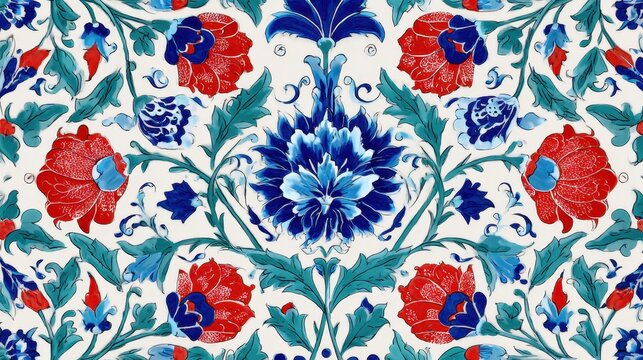 Ornate blue and red floral motifs adorning traditional turkish ottoman ceramic tile, reflecting intricate design mastery of historical decorative artistry