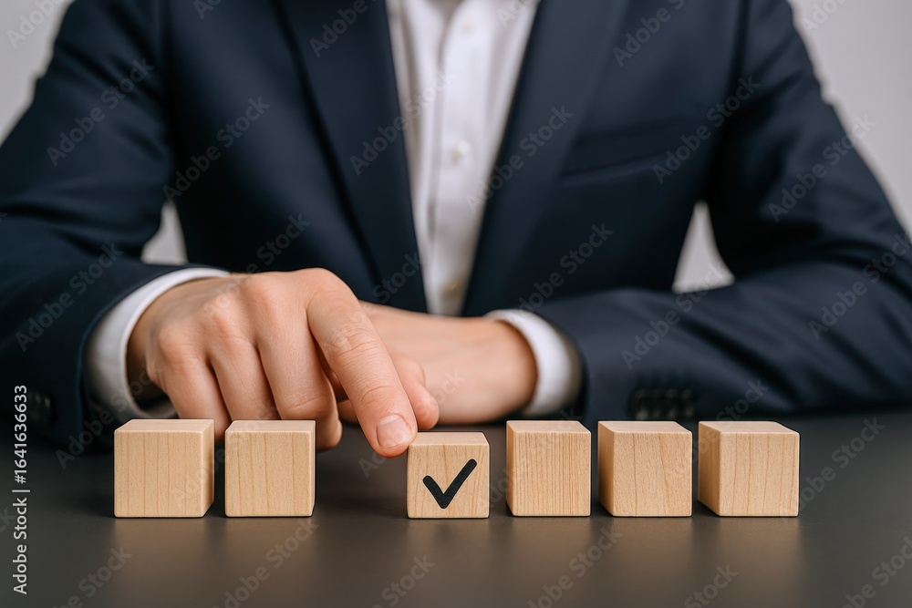 Poster concept of business decision making using wooden blocks with check mark for success