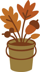 A flat-style illustration of a brown bucket filled with autumn leaves, berries, and an acorn in warm earthy tones.