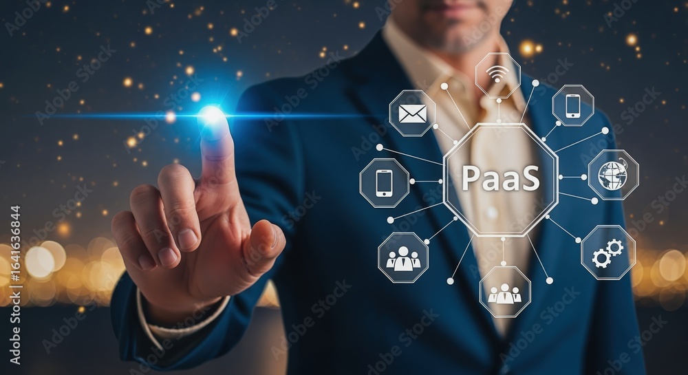 Poster platform as a service: businessman interacting with paas interface hologram to enhance business oper
