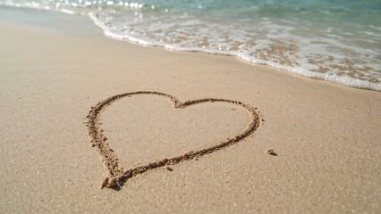 Hand-drawn heart in the sand with ocean waves coming close