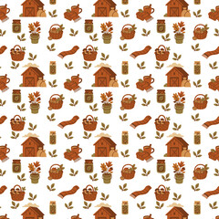 A seamless autumn-themed pattern featuring barns, baskets of mushrooms, jars, scarves, leaves, and potted plants in warm earthy tones.