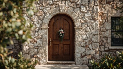 Front entryway with a stone face and an elegant wooden grain door