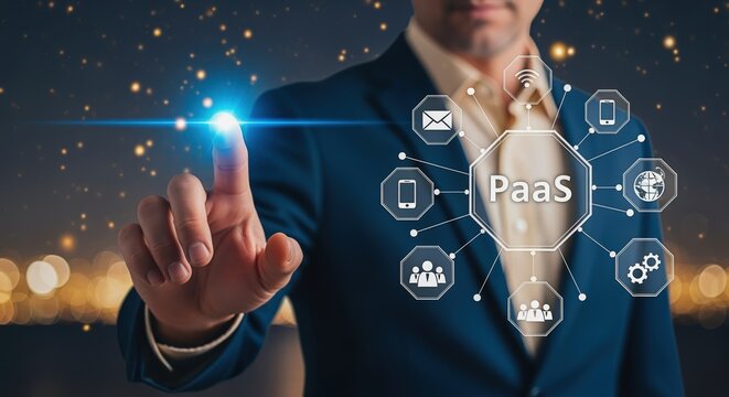 Platform as a Service: Businessman Interacting with PaaS Interface Hologram to Enhance Business Operations and Streamline Workflow