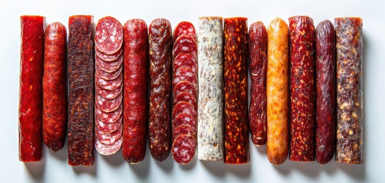 The vibrant assortment of cured sausages displayed on a white background.