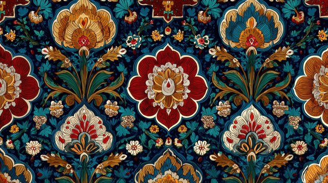 Traditional turkish iznik seamless floral pattern with stylized red, gold, and white flowers and leaves on a dark blue background representing ottoman art and design
