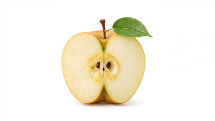 Green-leaved golden apple halved and displayed on white surface. Clipping path and complete focus depth.