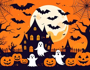 Halloween night scene with ghosts and pumpkins