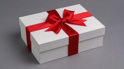 Obraz premium Elegant white gift box adorned with vibrant red ribbon, resting on minimalist gray surface, conveying celebratory sophistication and refined packaging design