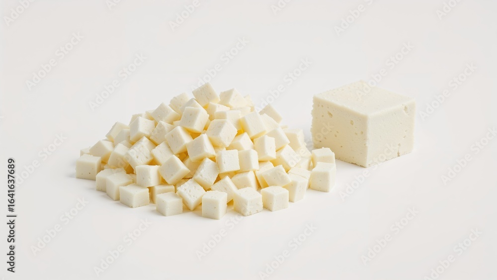Poster stack of diced cheese pieces isolated on a solid backdrop with full depth of field