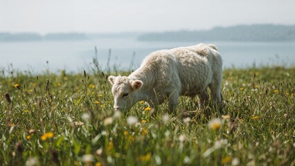 Naklejka premium Tiny cow munching on natural grass
