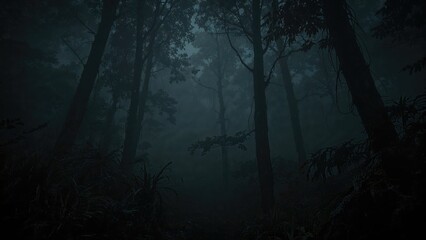 Hazy forest scene with darkened tree forms. Lush rainforest during rainy time.