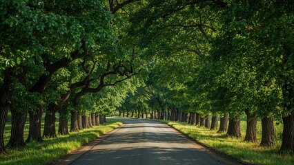 Obraz premium A gently winding street surrounded by vibrant foliage on both flanks