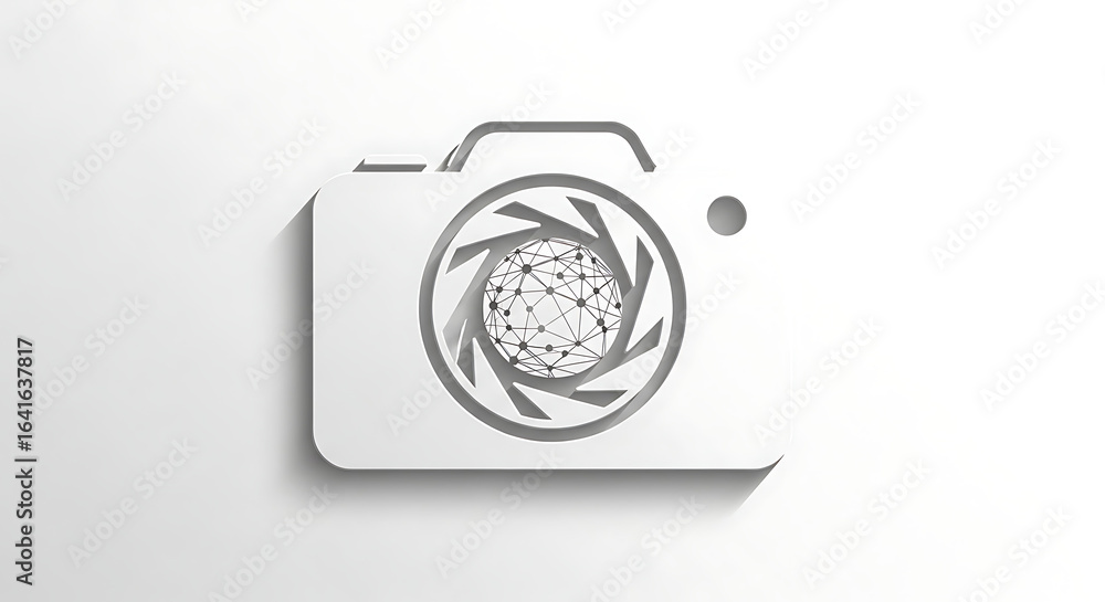 Poster a white camera icon with a lens aperture and connected dots inside on a white background surface