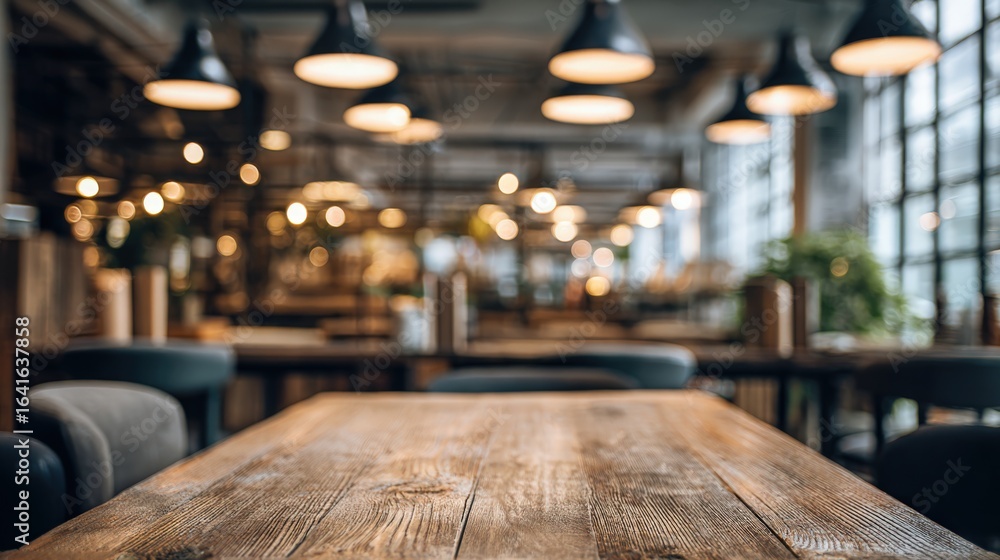 Poster rustic wooden table in a restaurant setting with blurred background and warm lighting creating an in