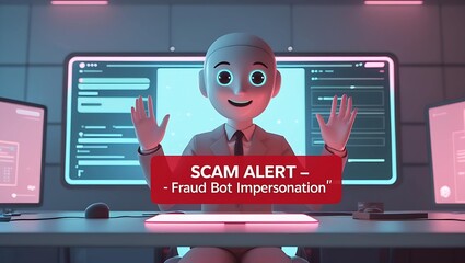 Cartoon robot character shown in a vibrant digital workspace, presenting a scam alert about fraud impersonation.