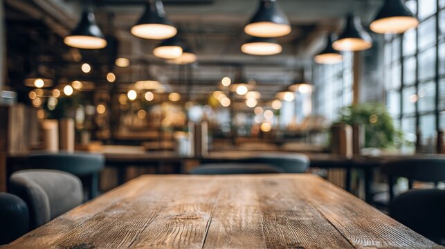 Rustic wooden table in a restaurant setting with blurred background and warm lighting creating an inviting atmosphere