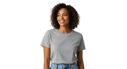 Young woman with curly black hair smiling and wearing a grey tshirt, isolated on transparent background