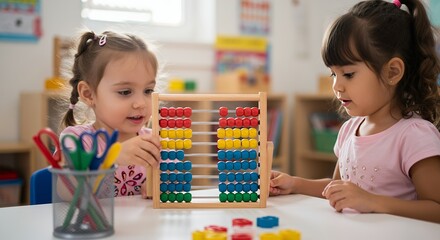 Two adorable little girls learning mathematics and counting together using a colorful wooden abacus in a bright kindergarten classroom