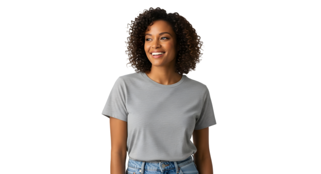 Young woman with curly black hair smiling and wearing a grey tshirt, isolated on transparent background