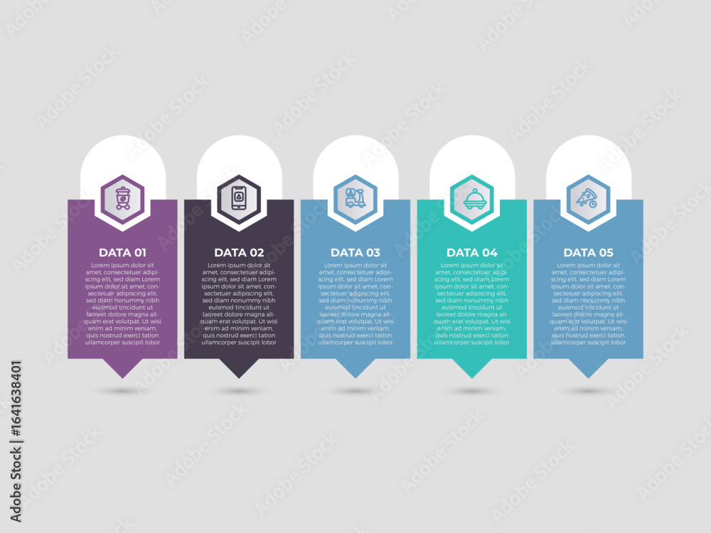 Poster concept of arrow business model with 5 successive steps. six colorful graphic elements. timeline des