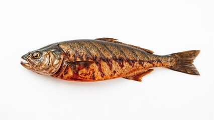 Grilled fish with spicy seasoning seen from above on a white background