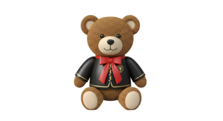 A cute brown teddy bear wearing a black jacket and red bow tie, a classic stuffed toy for childhood play and gifts, isolated on white isolated on transparent background