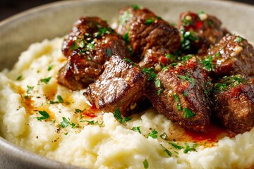 Garlic butter steak bites served over creamy mashed potatoes