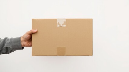 Parcel delivery by a person with a box on a plain background