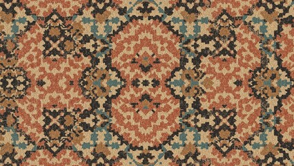 Continuous ikat design with geometric kilim motifs and grunge effect
