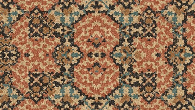 Continuous ikat design with geometric kilim motifs and grunge effect
