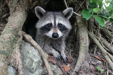 Naklejka premium Curious raccoon peeking out from tree roots