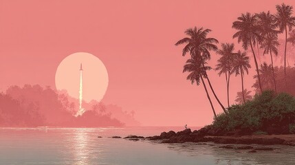 Pink sunset, rocket launch over tropical island