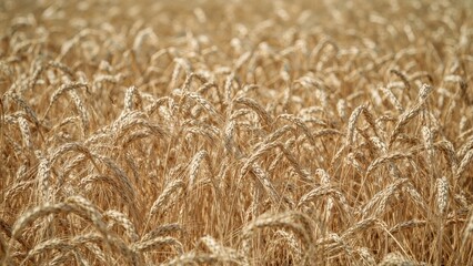 Entire frame showing mature wheat plants glowing in summer light.